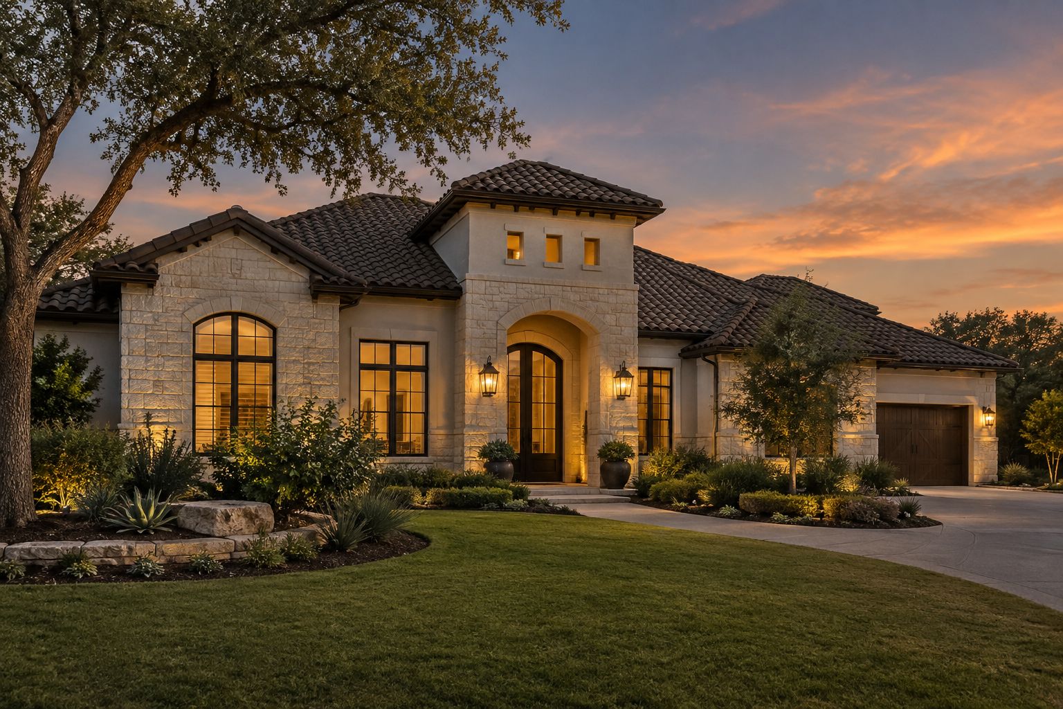 A San Antonio area home exterior at dusk, illustrative
